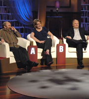 The Bubble. Image shows from L to R: Andy Hamilton, Sarah Millican, Clive Anderson. Copyright: Hat Trick Productions