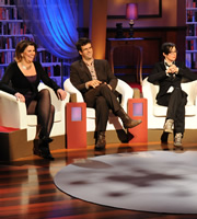 The Bubble. Image shows from L to R: Julia Hartley-Brewer, Marcus Brigstocke, Sue Perkins. Copyright: Hat Trick Productions