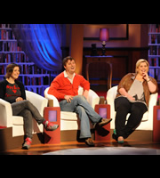 The Bubble. Image shows from L to R: Josie Long, Tim Key, Katy Brand. Copyright: Hat Trick Productions