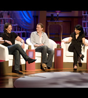 The Bubble. Image shows from L to R: Miranda Hart, Robert Webb, Shaparak Khorsandi. Copyright: Hat Trick Productions