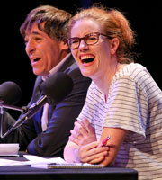 The News Quiz. Image shows from L to R: Mark Steel, Sarah Kendall. Copyright: BBC