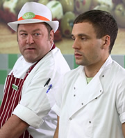 Trollied. Image shows from L to R: Andy (Mark Addy), Kieran (Nick Blood). Copyright: Roughcut Television