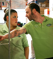 Trollied. Image shows from L to R: Lisa (Beverly Rudd), Colin (Carl Rice). Copyright: Roughcut Television