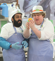 Trollied. Image shows from L to R: Ray (Adeel Akhtar), Dave (Danny Kirrane). Copyright: Roughcut Television