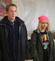 Trollied. Image shows from L to R: Neville (Dominic Coleman), Sophie (Georgia Henshaw). Copyright: Roughcut Television