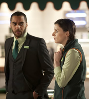 Trollied. Image shows from L to R: Daniel (Samuel Anderson), Charlie (Aisling Bea). Copyright: Roughcut Television