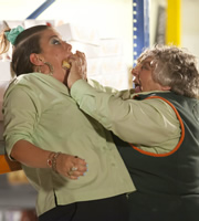 Trollied. Image shows from L to R: Lisa (Beverly Rudd), Rose (Miriam Margolyes). Copyright: Roughcut Television