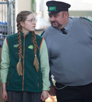 Trollied. Image shows from L to R: Heather (Jessie Cave), Ian (Victor McGuire). Copyright: Roughcut Television