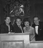 Two Of A Kind. Image shows from L to R: Eric Morecambe, Ernie Wise, Pearl Carr, Teddy Johnson. Copyright: Associated Television