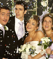 Two Pints Of Lager And A Packet Of Crisps. Image shows from L to R: Gary 'Gaz' Wilkinson (Will Mellor), Jonny Keogh (Ralf Little), Janet (Sheridan Smith), Donna Henshaw (Natalie Casey). Copyright: BBC