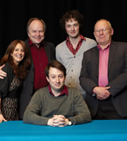 The Unbelievable Truth. Image shows from L to R: Lucy Porter, Clive Anderson, David Mitchell, Chris Addison, Graeme Garden. Copyright: BBC / Random Entertainment