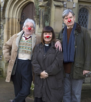 The Vicar Of Dibley. Image shows from L to R: Jim Trott (Trevor Peacock), Geraldine Grainger (Dawn French), Hugo Horton (James Fleet). Copyright: Tiger Aspect Productions