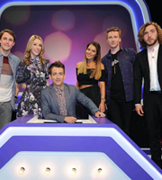 Virtually Famous. Image shows from L to R: Chris Stark, Katherine Ryan, Kevin McHale, Helen Flanagan, Joe Lycett, Seann Walsh. Copyright: Talkback / Hungry Bear Media