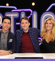 Virtually Famous. Image shows from L to R: Russell Kane, Chris Stark, Francesca Hull. Copyright: Talkback / Hungry Bear Media