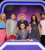 Virtually Famous. Image shows from L to R: Gemma Merna, Chris Stark, Rob Beckett, Kevin McHale, Yasmine Akram, Alex Mytton. Copyright: Talkback / Hungry Bear Media