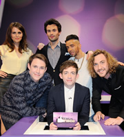 Virtually Famous. Image shows from L to R: Ellie Taylor, Chris Stark, Mark-Francis Vandelli, Kevin McHale, Dino Contostavlos, Seann Walsh. Copyright: Talkback / Hungry Bear Media