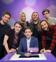 Virtually Famous. Image shows from L to R: Chris Ramsey, Chris Stark, Laura Whitmore, Kevin McHale, Jimmy Bullard, Seann Walsh, Rhys James. Copyright: Talkback / Hungry Bear Media