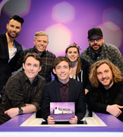 Virtually Famous. Image shows from L to R: Rylan Clark-Neal, Chris Stark, Rob Beckett, Kevin McHale, Sarah Callaghan, Tom Davis, Seann Walsh. Copyright: Talkback / Hungry Bear Media