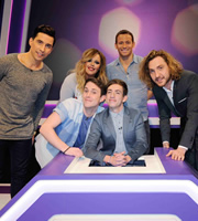 Virtually Famous. Image shows from L to R: Russell Kane, Roisin Conaty, Chris Stark, Kevin McHale, Joe Swash, Seann Walsh. Copyright: Talkback / Hungry Bear Media