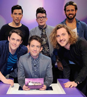 Virtually Famous. Image shows from L to R: Chris Stark, Russell Kane, Kevin McHale, David Morgan, Seann Walsh, Spencer Matthews. Copyright: Talkback / Hungry Bear Media