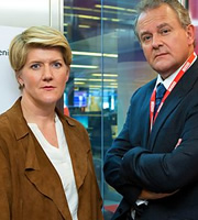 W1A. Image shows from L to R: Clare Balding, Ian Fletcher (Hugh Bonneville). Copyright: BBC