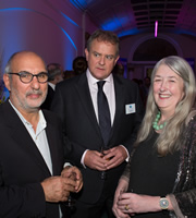 W1A. Image shows from L to R: Alan Yentob, Ian Fletcher (Hugh Bonneville), Mary Beard. Copyright: BBC