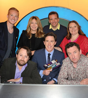 Would I Lie To You?. Image shows from L to R: Greg Rutherford, David Mitchell, Kirsty Young, Rob Brydon, Henning Wehn, Joanna Scanlan, Lee Mack. Copyright: Zeppotron