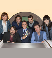 Would I Lie To You?. Image shows from L to R: Fiona Bruce, David Mitchell, Micky Flanagan, Rob Brydon, Steve Jones, Lee Mack, Claudia Winkleman. Copyright: Zeppotron