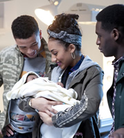 Youngers. Image shows from L to R: Jay (Calvin Demba), Davina (Shavani Seth), Yemi (Ade Oyefeso). Copyright: Big Talk Productions