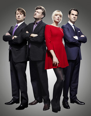 10 O'Clock Live. Image shows from L to R: David Mitchell, Charlie Brooker, Lauren Laverne, Jimmy Carr. Copyright: Zeppotron