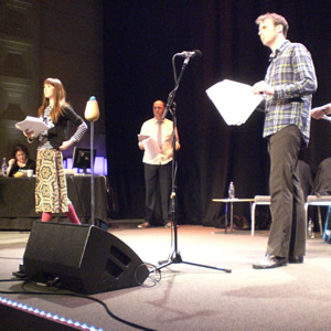49 Cedar Street recording. Image shows left to right: Hannah (Isabel Fay), Elliot (Tom Parry), Laurence (Colin Hoult). Credit: BBC