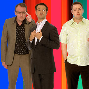 8 Out Of 10 Cats. Image shows from L to R: Sean Lock, Jimmy Carr, Jason Manford. Copyright: Zeppotron
