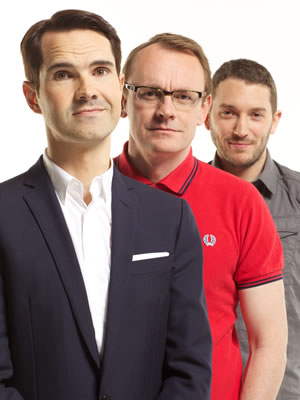 8 Out Of 10 Cats. Image shows from L to R: Jimmy Carr, Sean Lock, Jon Richardson. Copyright: Zeppotron