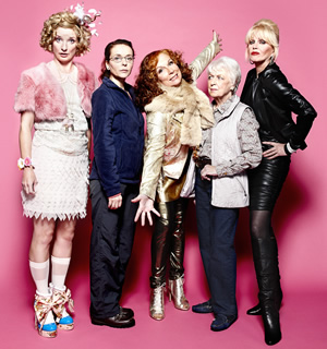 Absolutely Fabulous. Image shows from L to R: Bubble (Jane Horrocks), Saffron (Julia Sawalha), Edina (Jennifer Saunders), Mother (June Whitfield), Patsy (Joanna Lumley). Copyright: Saunders And French Productions / BBC