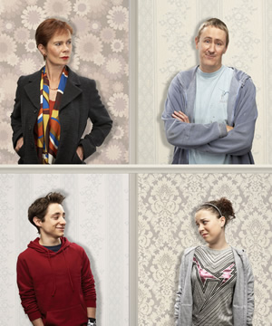 After You've Gone. Image shows from L to R: Diana Neal (Celia Imrie), Alex Venables (Ryan Sampson), Jimmy Venables (Nicholas Lyndhurst), Molly Venables (Dani Harmer). Copyright: BBC / Rude Boy Productions