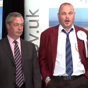 Image shows from L to R: Nigel Farage, Al Murray