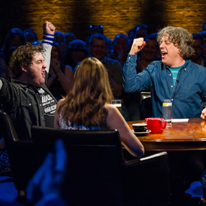 Alan Davies: As Yet Untitled. Image shows from L to R: Nick Helm, Olivia Lee, Alan Davies. Copyright: Phil McIntyre Entertainment