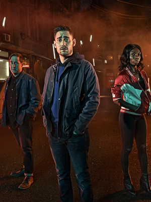 The Aliens. Image shows from L to R: Dominic (Jim Howick), Lewis (Michael Socha), Lilyhot (Michaela Coel). Copyright: Clerkenwell Films