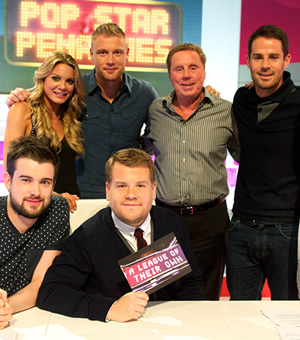 A League Of Their Own. Image shows from L to R: Jack Whitehall, Charlotte Jackson, Andrew Flintoff, James Corden, Harry Redknapp, Jamie Redknapp. Copyright: CPL Productions