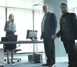 Babylon. Image shows from L to R: Liz Garvey (Brit Marling), Miles (Martin Trenaman), Gerry (Jim Howick). Copyright: Nightjack