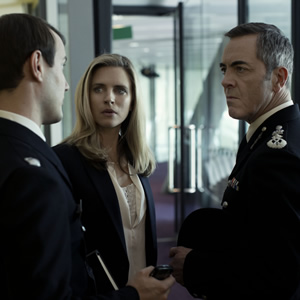 Babylon. Image shows from L to R: Tom Oliver (Jonny Sweet), Liz Garvey (Brit Marling), Richard Miller (James Nesbitt). Copyright: Nightjack