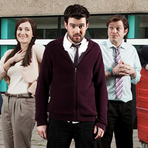 Bad Education. Image shows from L to R: Miss Gulliver (Sarah Solemani), Alfie (Jack Whitehall), Fraser (Mathew Horne). Copyright: Tiger Aspect Productions