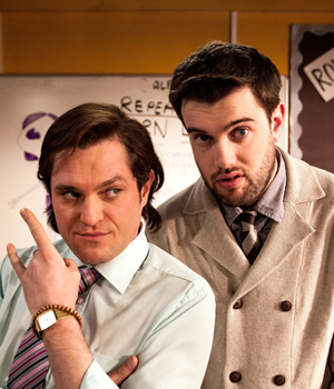 Bad Education. Image shows from L to R: Fraser (Mathew Horne), Alfie (Jack Whitehall). Copyright: Tiger Aspect Productions