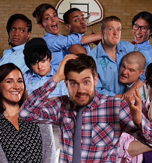 Bad Education. Image shows from L to R: Miss Gulliver (Sarah Solemani), Cleopatra (Weruche Opia), Rem Dogg (Jack Binstead), Chantelle (Nikki Runeckles), Stephen (Layton Williams), Alfie (Jack Whitehall), Grayson (Jack Bence), Joe (Ethan Lawrence), Jing (Kae Alexander). Copyright: Tiger Aspect Productions