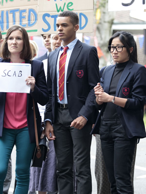 Bad Education. Image shows from L to R: Miss Gulliver (Sarah Solemani), Stephen (Layton Williams), Jing (Kae Alexander). Copyright: Tiger Aspect Productions