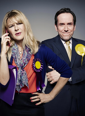 Ballot Monkeys. Image shows from L to R: Kate Standen (Sarah Hadland), Kevin Sturridge (Ben Miller). Copyright: Hat Trick Productions