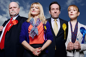 Ballot Monkeys. Image shows from L to R: Jack Pardew (Trevor Cooper), Kate Standen (Sarah Hadland), Kevin Sturridge (Ben Miller), Siobhan Hope (Hattie Morahan). Copyright: Hat Trick Productions