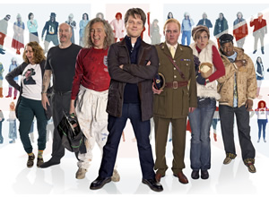 Bellamy's People. Image shows from L to R: Rosie Cavaliero, Simon Day, Paul Whitehouse, Gary Bellamy (Rhys Thomas), Charlie Higson, Lucy Montgomery, Felix Dexter. Copyright: BBC