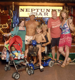 Benidorm. Image shows from L to R: Chantelle Garvey (Hannah Hobley), Mel (Geoffrey Hutchings), Michael Garvey (Oliver Stokes), Madge (Sheila Reid), Mick Garvey (Steve Pemberton), Janice Garvey (Siobhan Finneran). Copyright: Tiger Aspect Productions