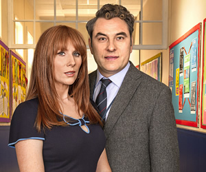 Big School. Image shows from L to R: Miss Postern (Catherine Tate), Mr Church (David Walliams). Copyright: BBC / King Bert Productions